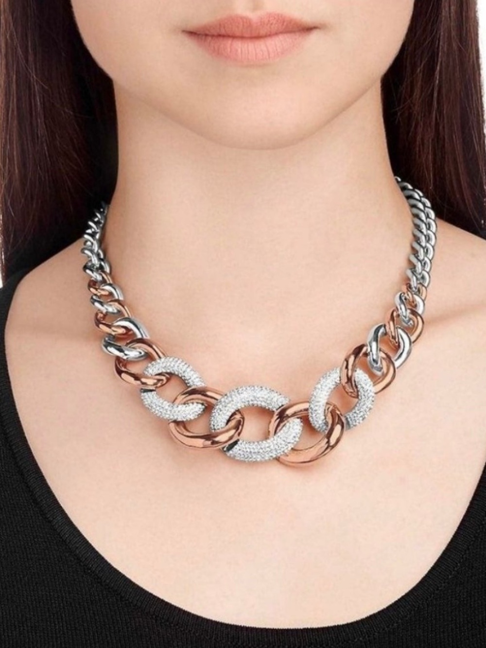 Swarovksi Crystal Mixed Metal Chunky Curb Statement Necklace with Pave Links